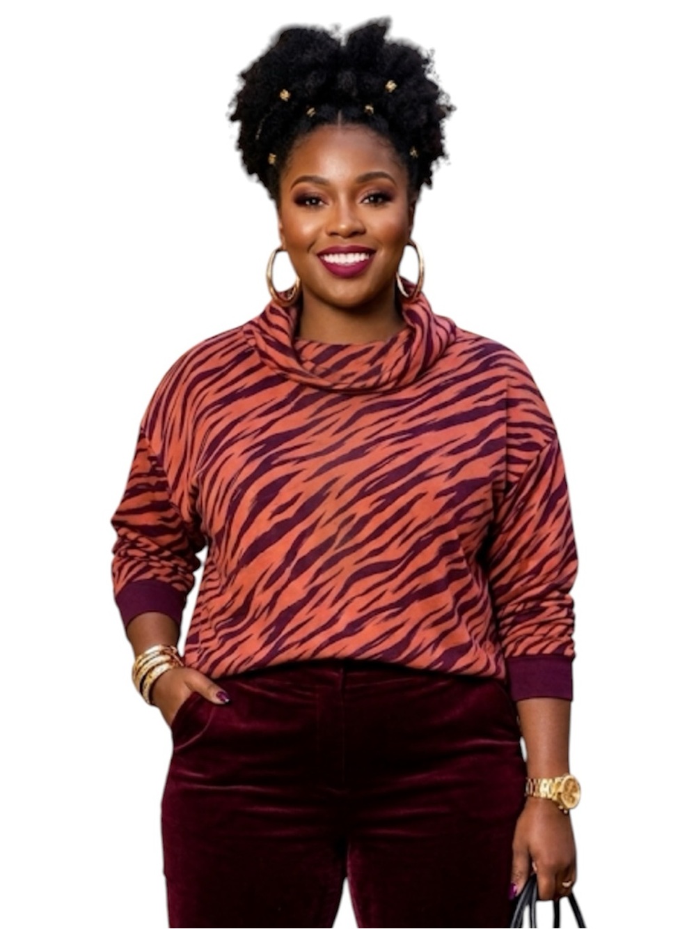 Women’s Long Sleeve Fleece Hoodie Tiger Stripe Burgundy Size: 1X